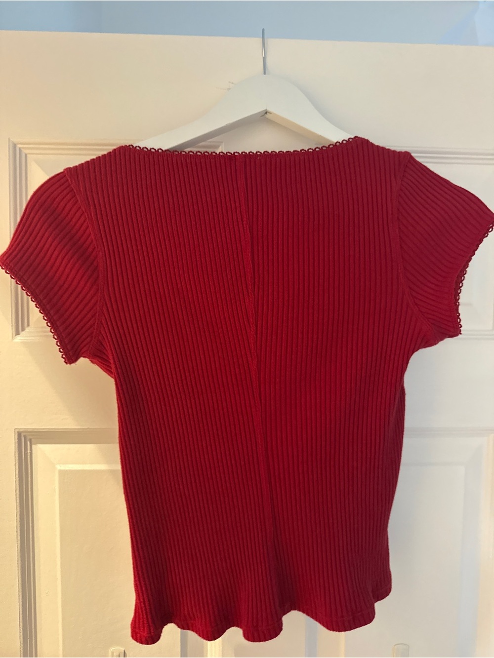 Free People Red Ribbed Short Sleeve Button-Front Tee - Picture 3 of 3